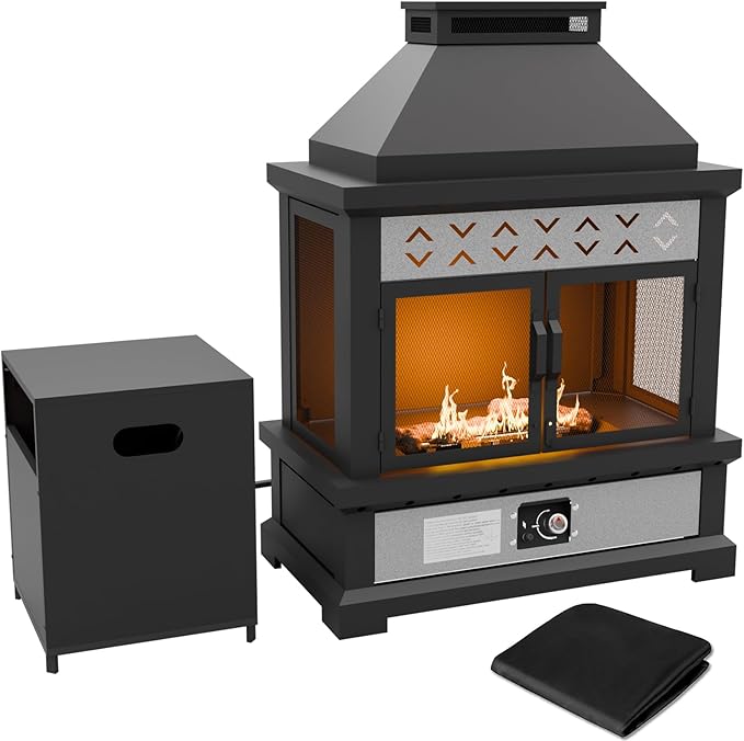 35'' Outdoor Propane Fireplace with Tank Storage & Mesh Door, CSA Certified 50,000 BTU Patio Firepit with Dust Cover for Garden, Backyard and Balcony, Black/Gray