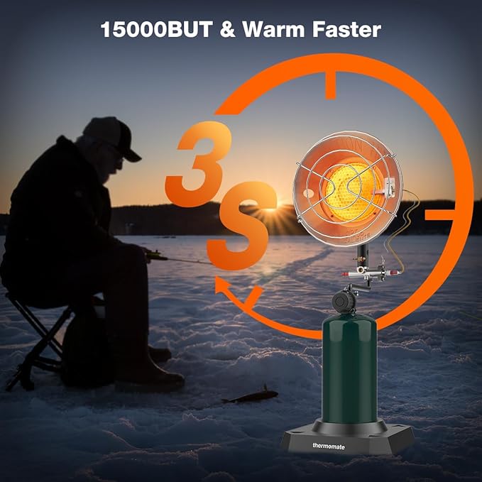 ThermoMate Propane Single Tank Top Heater 15000BTU With Tip-Over Switch, Portable Heater for Outdoor, Ice Fishing, Cart Golf, Hunting