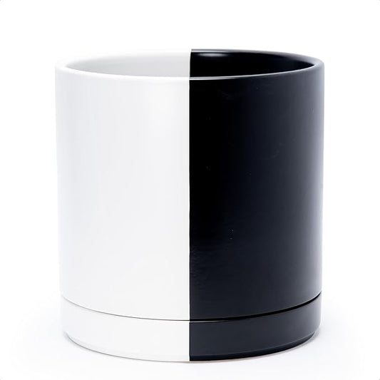 D'vine Dev 10 Inch Ceramic Planter Pot with Drainage Hole and Saucer, Indoor Cylinder Round Planter Pot, Split Monochrome Black & White, 94-O-E-0