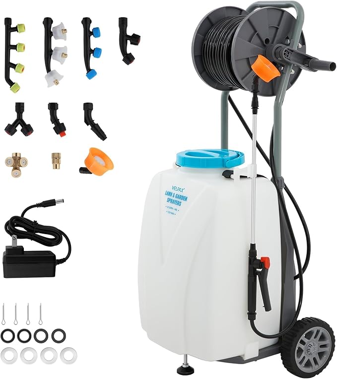 10.6 Gallon Battery Powered Sprayer with Double Professional Pump, Portable Sprayer with Wheels,0-94 PSI,12V 8Ah Battery,Adjustable HD Wand and 10 Nozzles for Weeding, Spraying, Cleaning