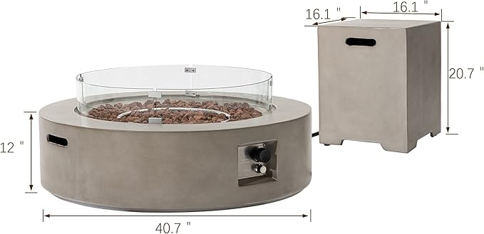 SUNBURY Outdoor Propane Fire Pit, Circular Gray Patio Fire Table 50,000 BTU w 20 Gallon Tank Cover, Glass Wind Guard, Waterproof Cover