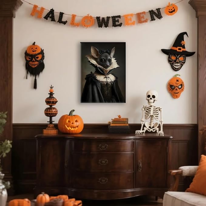 Jatinoo Gothic Bat Wall Art - Vintage Framed Canvas Print, Dark Academia & Halloween Decor, Gothic Home Aesthetic for Fantasy Art Lovers (11.5x15 Inch)