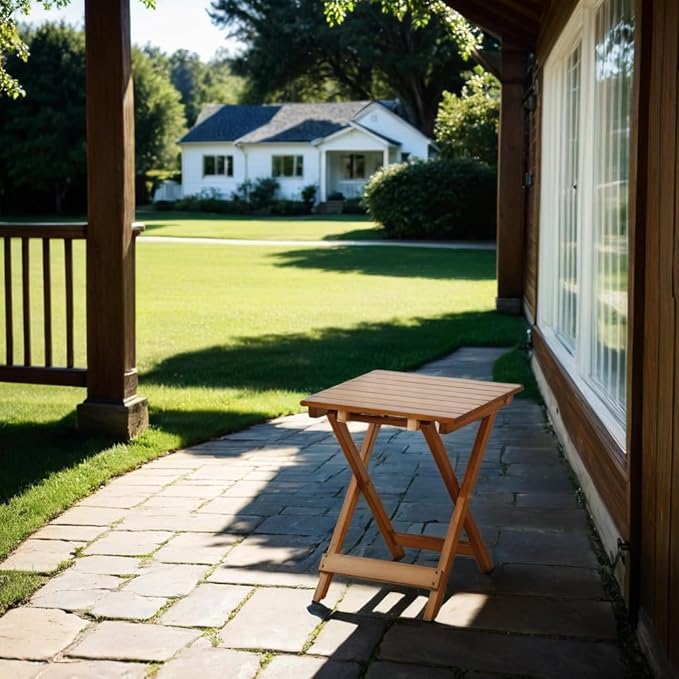 Small Side Table Square Folding, Patio Foldable Wooden End Table for Outdoor Indoor Porch Camping Living Room Bedroom, as Coffee Table or Plant Stand, Brown