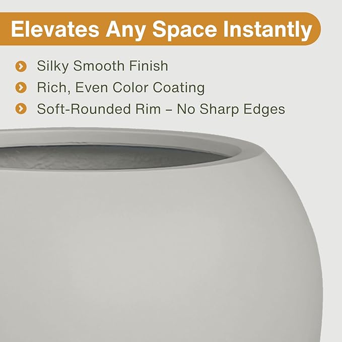 Globo Large Fiberstone Plant Pot, Large Planters for Indoor Plants, Outdoor Planters for Porch (Light French Gray, 12" D x 9.7" H)