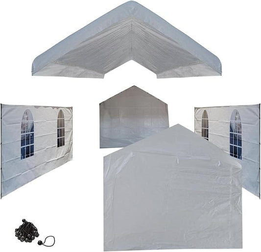 10x20 White Canopy Carport Cover Set with Valanced Top All 4-Side Walls and Top (5 Pcs Tarps Set, No Frame) Double Side Windows
