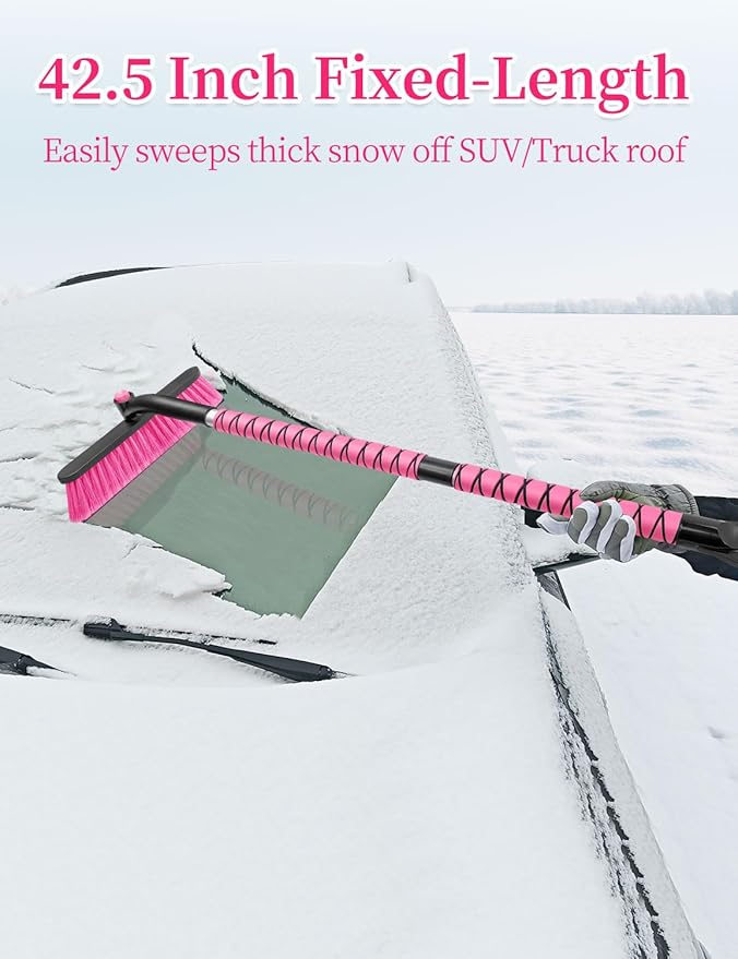 HEEYA 42.5 Inch Car Scraper Snow Brush, 12.6 Inch Large Brush Head with Ice Scraper for Window Windshield, Portable Snow Scraper for SUV Truck Vehicle Jeep RV Auto - Pink