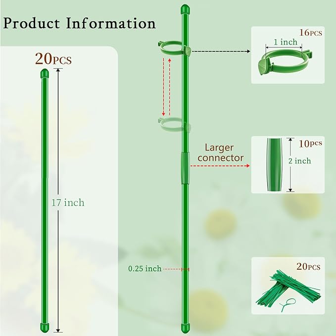 20Pcs Plant Support Stakes 17 inch SupKing Garden Orchid Sticks Extended to 3ft 4ft 5ft Plant Poles with Clips for Indoor Outdoor Potted Tomato Rose Amaryllis Vegetables Comes with 20 Ties