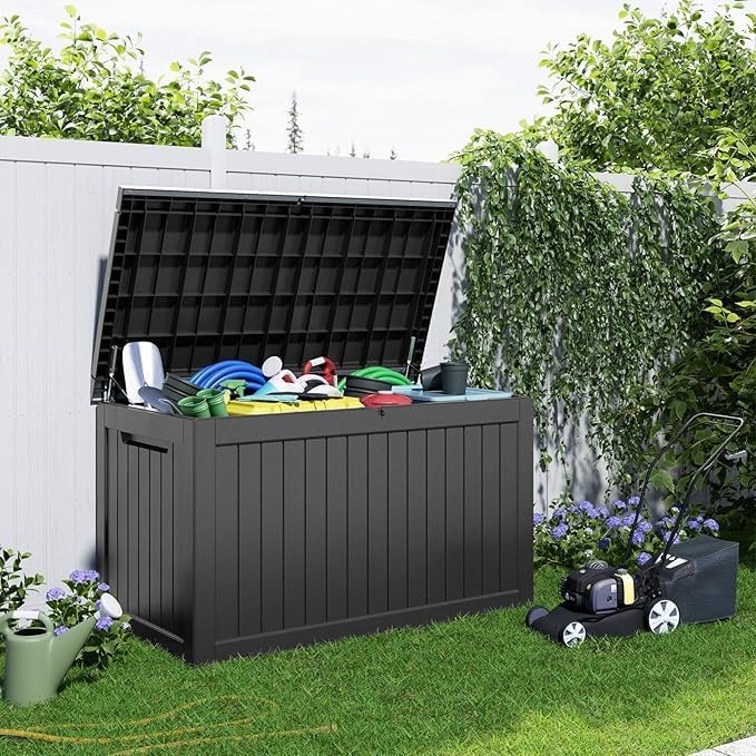 ROJIK Outdoor Storage Housing Deck Box - Waterproof Patio Furniture, Garden Tools, Cushions, Pool Accessories Storage Bench with Lockable Lid and Side Handles (Black 238 Gal)