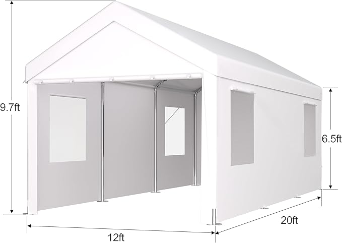 Carport 12x20 Ft Heavy Dut Car Port Canopy, Portable Garage with Removable Sidewalls & Doors for Car, Truck, Boat, Garden Tools (White)