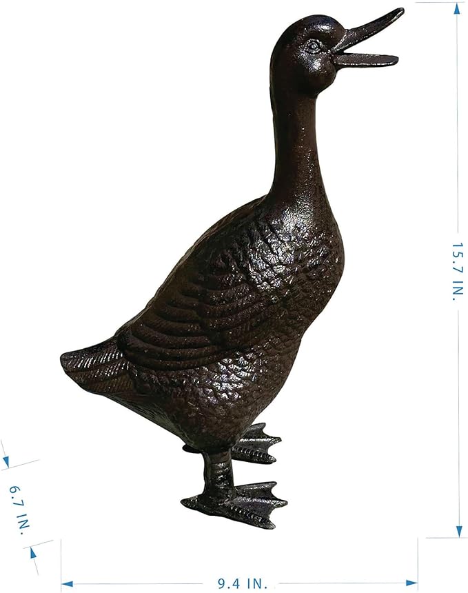 Cast Iron Duck Statue（15.7" Tall） - Heavy Duty Outdoor/Indoor Decor, Rust Brown Garden Art with Lifelike Feather Detailing, Weatherproof Bird Sculpture for Patio, Lawn & Home HC5387