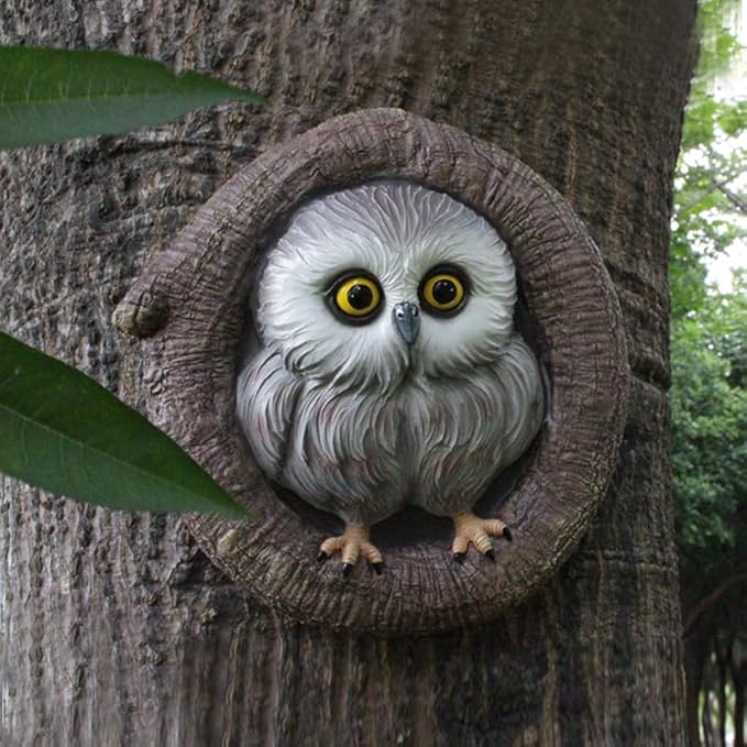 Baby Owl Resin Tree Faces, Whimsical Owlet Hugger Sculpture, Outdoor Garden Ornament for Yard Lawn Patio Porch, Tree Decor Unique Garden Gift, Durable Waterproof Resin Statue