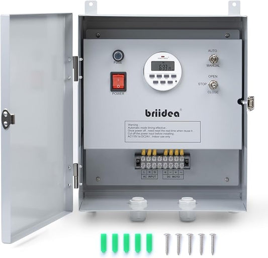 Briidea Greenhouse Roll Up Motor Timer Controller, 7-Day Programmable, AC110V to DC24V Transformer, Auto/Manual Modes, Dual Output for Side & Roof Curtain Film Roll-Up, IP65 Waterproof