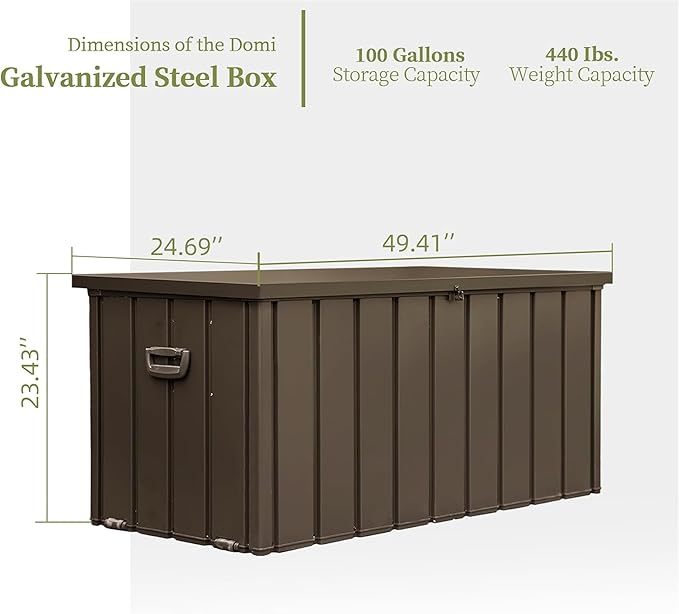 100 Gallon Outdoor Storage Deck Box Waterproof, Large Patio Storage Bin for Outside Cushions, Throw Pillows, Garden Tools, Lockable (Dark Brown)
