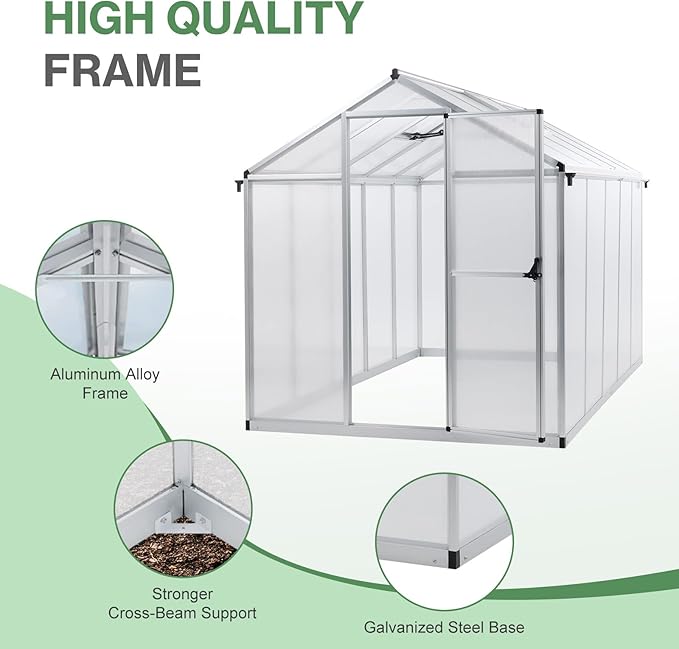 Aoodor 6 x 10 Ft Walk-in Greenhouse with Gutter, Polycarbonate and Heavy-Duty Aluminum Frame, Adjustment Skylight and Lockable 2-Sided Door for Patio, Outdoor, Yard, Lawn Use, Silver