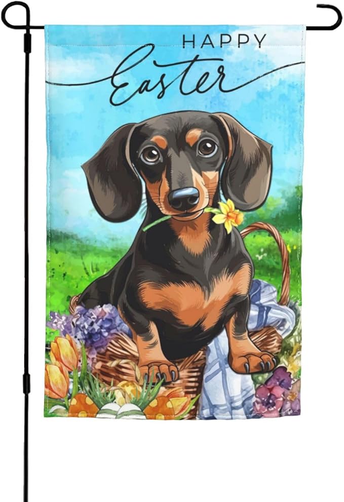Flower Dachshund Dog Happy Easter Bunny Cute Egg Garden Flag Welcome Party Outdoor Outside Decorations Picks Home House Garden Yard Decor 12x18 Inch