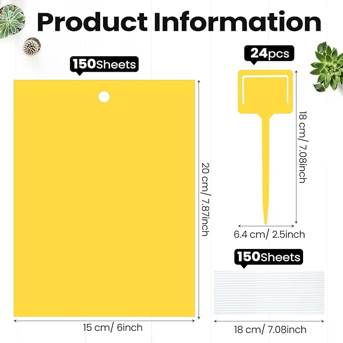 Qualirey 150 Pcs 6 x 8 Inch Sticky Traps for Gnats Dual Sided Fruit Fly Sticky Traps for Indoor and Outdoor Plant with Twist Ties and Plastic Holders for Flying Plant Insect, Fungus Gnats (Yellow)