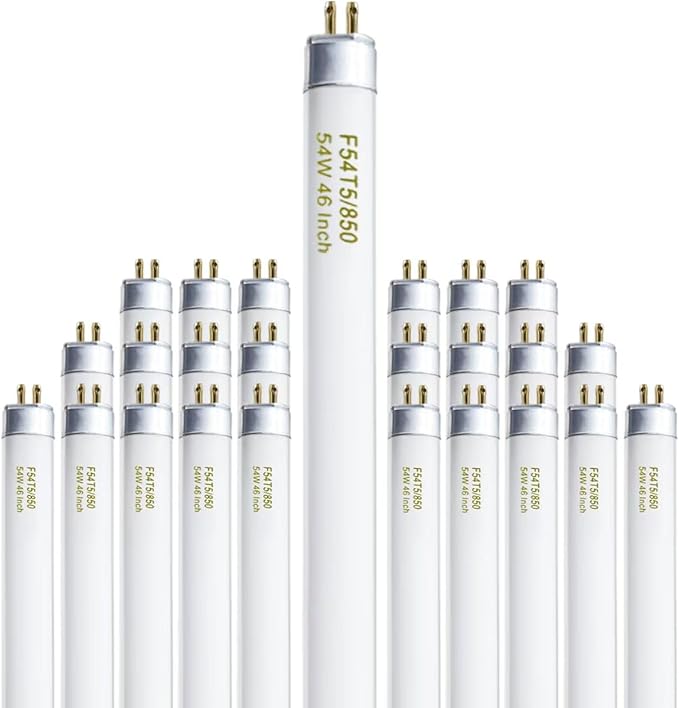 46 Inches T5 Fluorescent Bulb 54W, F54T5/850/HO 54 Watt T5 High Output 5000K Fluorescent Tube, 25 Pack, G5 Base, 4200 Lumens, CRI 82