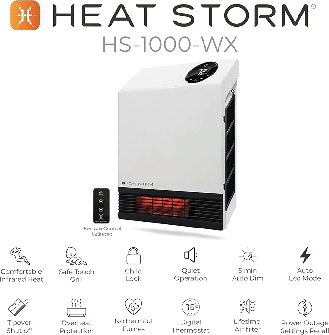 Heat Storm Deluxe Space 1000 Watt Infrared Wall Mount Electric Heater, White