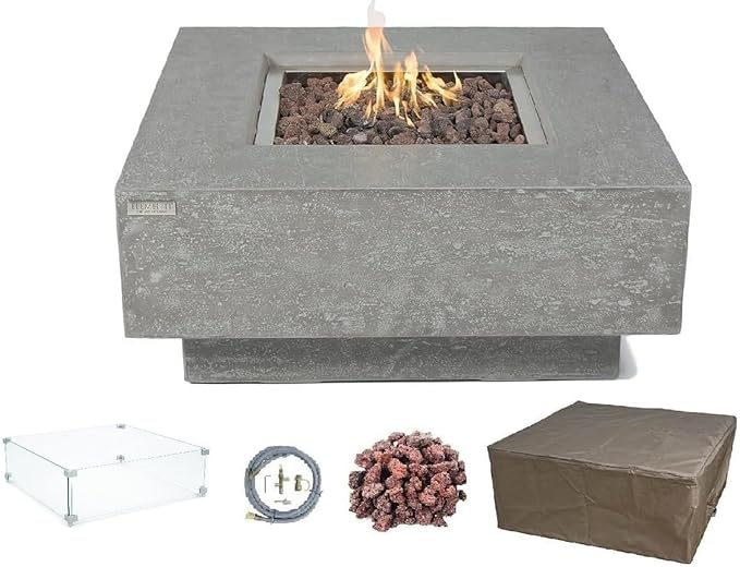 Elementi Manhattan Gas Fire Pit Cast Concrete Fire Table, Outdoor Fire Pit Electronic Ignition | Canvas Cover, Lava Rock Included | Free AMS Wind Guard | Light Gray (Natural Gas)