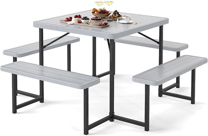 Giantex Picnic Table Bench Set for 4-8 People, 34" Outdoor Square Dining Table & 2 Benches w/Umbrella Hole, HDPE Tabletop, Metal Frame, Patio Camping Furniture for Backyard Porch Lawn (Grey,Square)