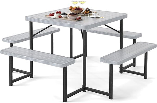 Giantex Picnic Table Bench Set for 4-8 People, 34" Outdoor Square Dining Table & 2 Benches w/Umbrella Hole, HDPE Tabletop, Metal Frame, Patio Camping Furniture for Backyard Porch Lawn (Grey,Square)