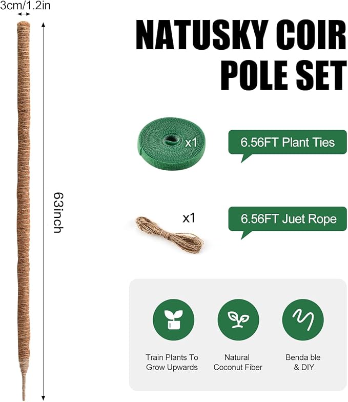 Moss Pole, 63 Inch Bendable Moss Pole for Plants Monstera, Moss Poles for Climbing Plants, Handmade Coco Coir Pole Plant Sticks Support Plant Stakes for Indoor Plants to Grow Upwards