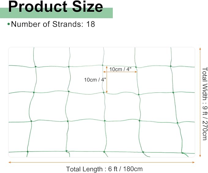 HARFINGTON Trellis Netting for Climbing Plants 6 x 9ft 18 Strands Heavy Duty Garden Trellis Netting Polyethylene Plant Support Net with 4" x 4" Mesh for Fruits Vegetables Cucumber