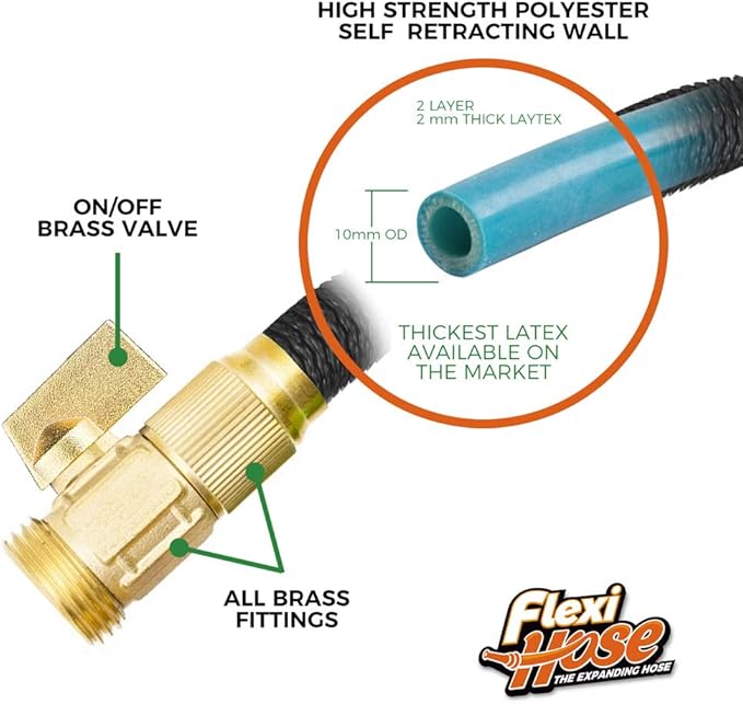 Flexi Hose PLUS with 8 Function Nozzle Expandable Garden Hose, Lightweight & No-Kink Flexible Garden Hose, 3/4 inch Solid Brass Fittings and Double Latex Core, 25 ft Black