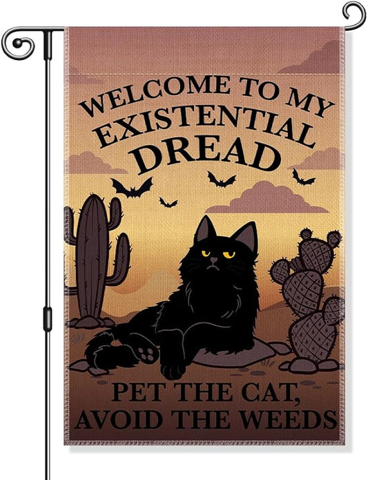 Welcome to My Existential Dread Pet The Cat Avoid The Weeds Garden Flag, Funny Bats Halloween Yard Sign for Outside, Cute Black Cat Fall Halloween Yard Decor, Housewarming Gifts for Pet Lover