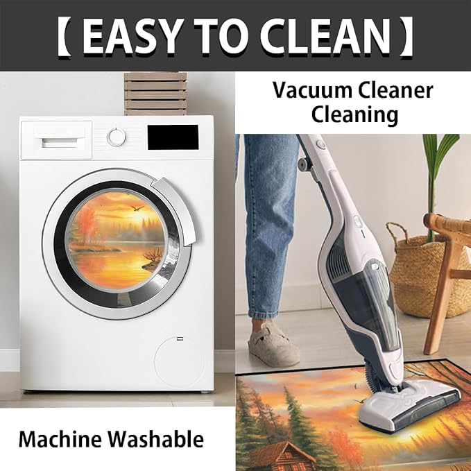 cfpolar Fall Non-Slip Soft Half Round Door Mat, Autumn Deer Maple Forest Semicircle Mat for Indoor Entrance Garage Bath Living Room Patio 24 x 36 in