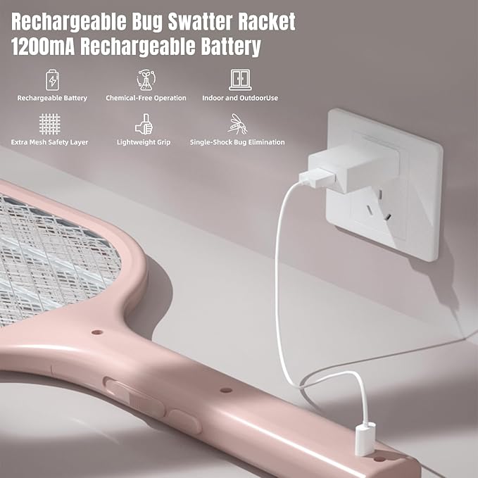 Electric Fly Swatter Racket 3000V Bug Zappers, Mosquito Zappers USB Rechargeable, 1200mAh Mosquitoes Killer Lamp & Fly Zappers with 3 Layer Safety Mesh for Home, Bedroom, Kitchen, Patio (1Pack-Pink)