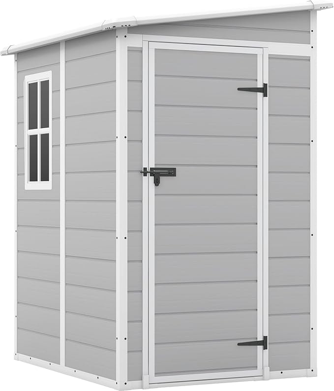 Patiowell 5x4 FT Outdoor Storage Shed, Resin Storage Shed with Floor & Lockable & Window Door for Patio Furniture, Garden Tools and Bicycle, White & Grey