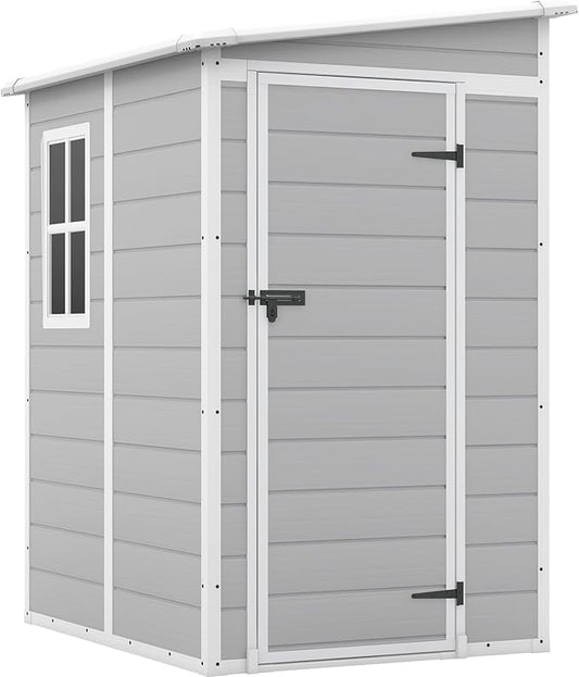Patiowell 5x4 FT Outdoor Storage Shed, Resin Storage Shed with Floor & Lockable & Window Door for Patio Furniture, Garden Tools and Bicycle, White & Grey