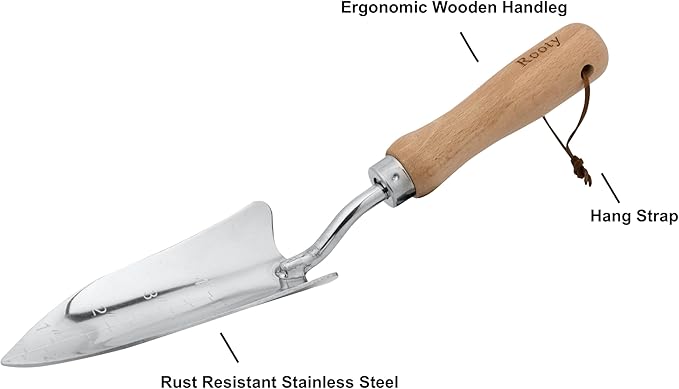Rooty Gardening Hand Trowel with Stainless Steel, Wooden Handle, Perfect for Transplanting, Weeding, Digging, Planting/Rust Resistant