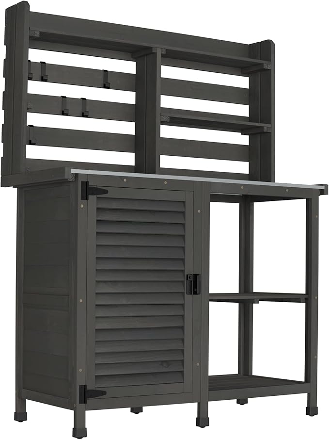 GDLF Potting Bench Table Large Garden Outdoor Work Bench Metal Tabletop Workstation with Storage Cabinet Shelf Dark Grey
