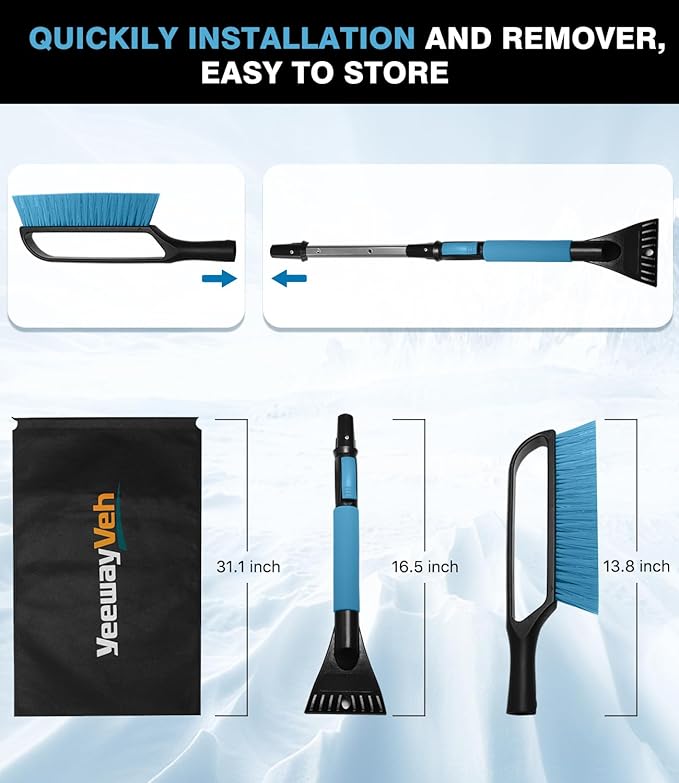 YeewayVeh 35" Snow Brush and Ice Scraper, Extendable Snow Scraper for Car Windshield with Foam Grip & Additional Handhold, 2 in 1 Scratch-Free Ice Scraper and Brush for Car Truck SUV, Blue (Single)