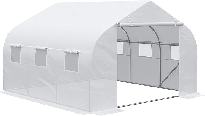 Outsunny 11.5' x 10' x 6.5' Walk-in Greenhouse, Tunnel Green House with Zippered Mesh Door and 6 Mesh Windows, Gardening Plant Hot House with Galvanized Steel Frame, White