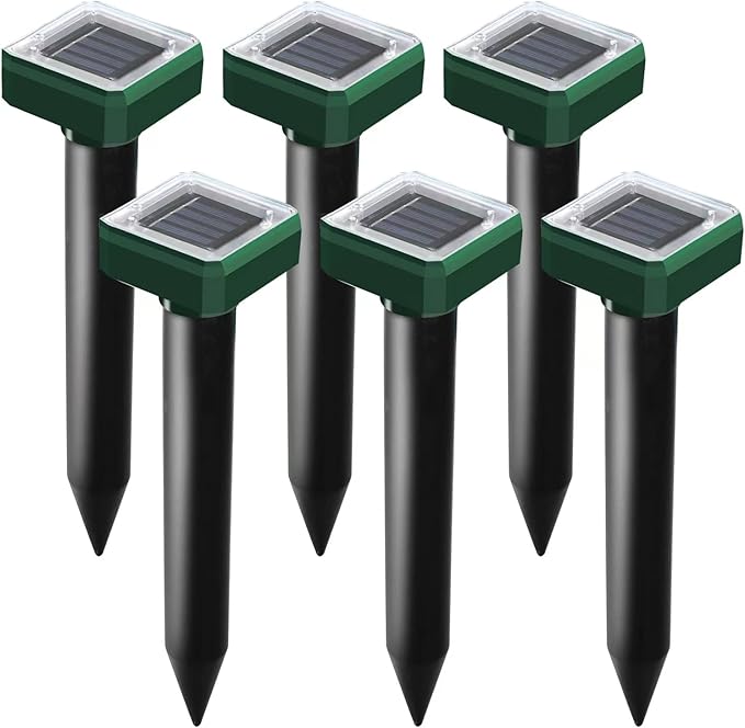 Solar Powered 6 Pack Solar Mole Repellent Ultrasonic for Vole, Snakes, Gopher, Waterproof Sonic Mole Deterrent Spikes,Snake Gopher Vole Repellent for Garden and Yard