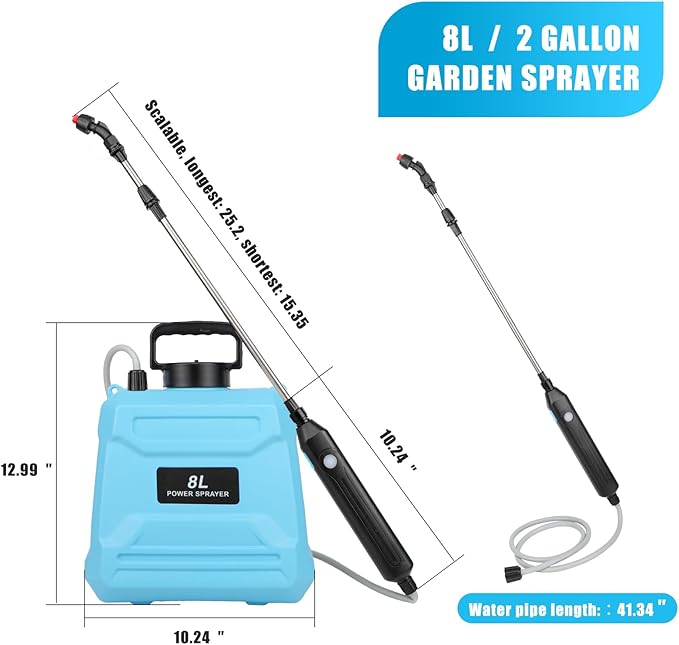 2 Gallon Battery Powered Sprayer, Electric Garden Sprayer, Pump Sprayer with 3 Mist Nozzles & USB Rechargeable Handle & Retractable Wand & Adjustable Strap for Lawn, Garden, Yard (Blue)