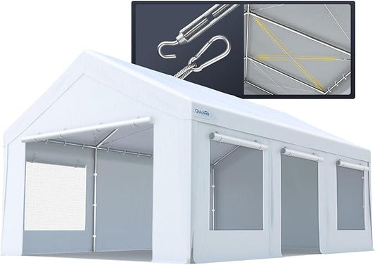 Quictent Heavy Duty 12x20 ft Carports with Side Zipper Doors & Snowproof Steel Cables & Ventilated Windows, Waterproof Storage Shelter for Car, Boat, RV, Outdoor Equipment, White