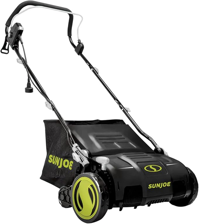 Sun Joe Electric Lawn Dethatcher & Scarifier with 13.2-Gal Bag, 13 Amp, 15 Inch, Black/Green - Heavy Duty Gardening Machine and Equipment for Lawn, Yard, and Grass, AJ805E