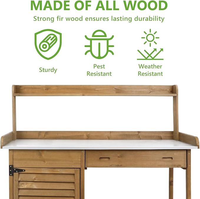 Garden Potting Benche Table Outdoor Wooden Work Station W/Metal Table top,Cabinet,Drawer,Large Bottom Shelf,Open Shelf Natural Wood-Brown-Brown