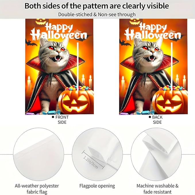 Halloween Garden Flag 11.81 x 17.72 Inch Gray Cat in Vampire Cape with Fangs Pumpkin Candy Bats and Happy Halloween Outdoor Yard Decoration for Holiday Party