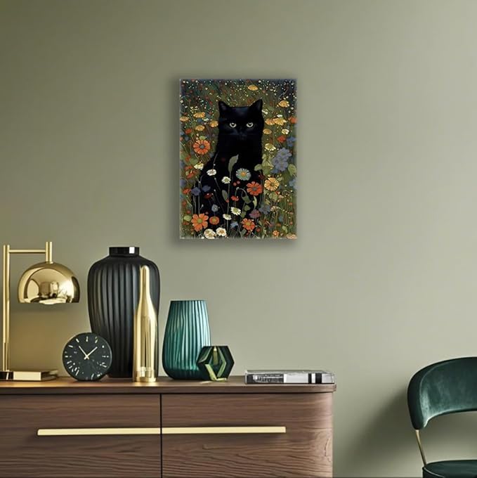 Gothic Black Cat Wall Art - Framed Canvas Print of Mystic Garden, Dark Academia Decor, Witchy Bathroom & Bedroom Art, Memorial Gift for Cat Lovers, 11.5x15 Inch