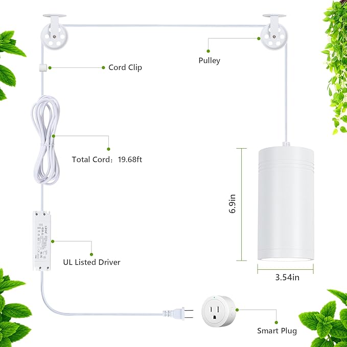 HMVPL Hanging Grow Light, Plant Lights Full Spectrum with 4000K 40W COB Bulb, Pulleys and Smart Timer, Indoor Grow Lamp for Tall Tree Hydroponics