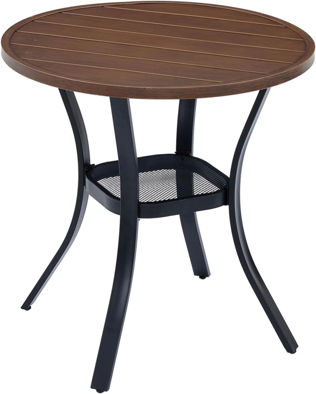 VICLLAX 27.5" Outdoor Round Patio Table for Lawn Garden, All Weather Metal Round Patio Dining Table with Storage Shelf, 2 Person Small Patio Table, Walnut Wood Grain