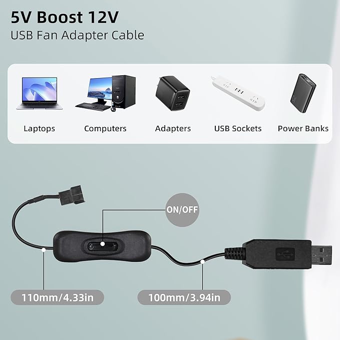 4" Grow Tent Fan, Flexible Gooseneck Mount Fan with 5V to 12V USB Adapter Cable for Plants Growth Lights, Camping Tent, DIY Greenhouse Ventilation