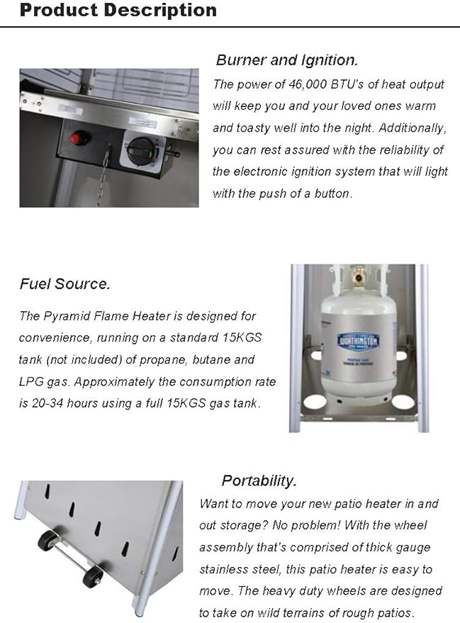 Avenlur Pyramid Patio Heater, 48,000 BTU Outdoor Propane Heater with Quartz Glass Tube, Cover, Ignition & Wheels — Freestanding Gas Heater for Backyard, Deck & Patio (Stainless Steel)