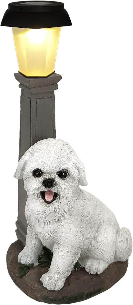 Solar Dog Garden Statues with Lantern, Resin Bichon Dog Sculpture with Warm White Light for Outside Lawn Porch Patio