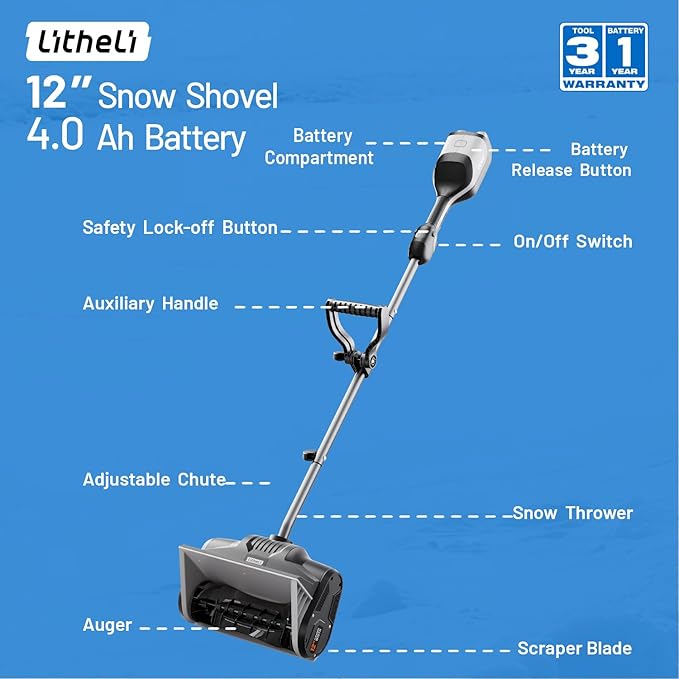 Litheli 40V Cordless Snow Shovel, 12'' Brushless Electric Snow Blower with 2X4Ah Batteries Included, Lightweight Battery-Powered Snow Thrower for Driveway & Sidewalk